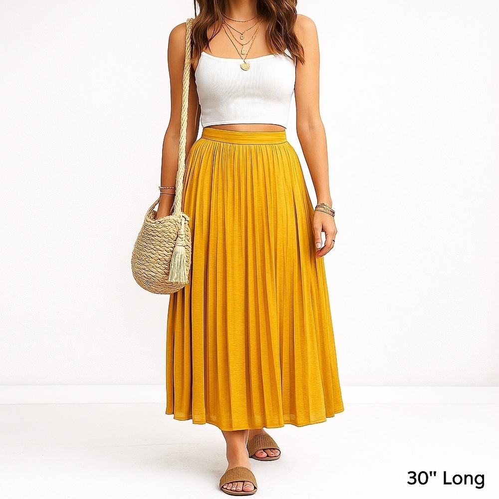 Studio 94 Mustard Pleated Skirt Feminine Boho Office Flowy Elastic Waist Sz L/XL